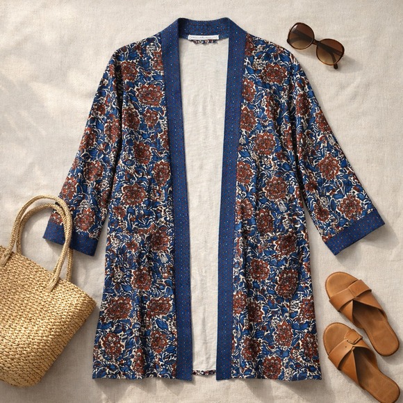 Peruvian Connection Pima Cotton Floral Kimono Robe Duster Cardigan XL Pockets